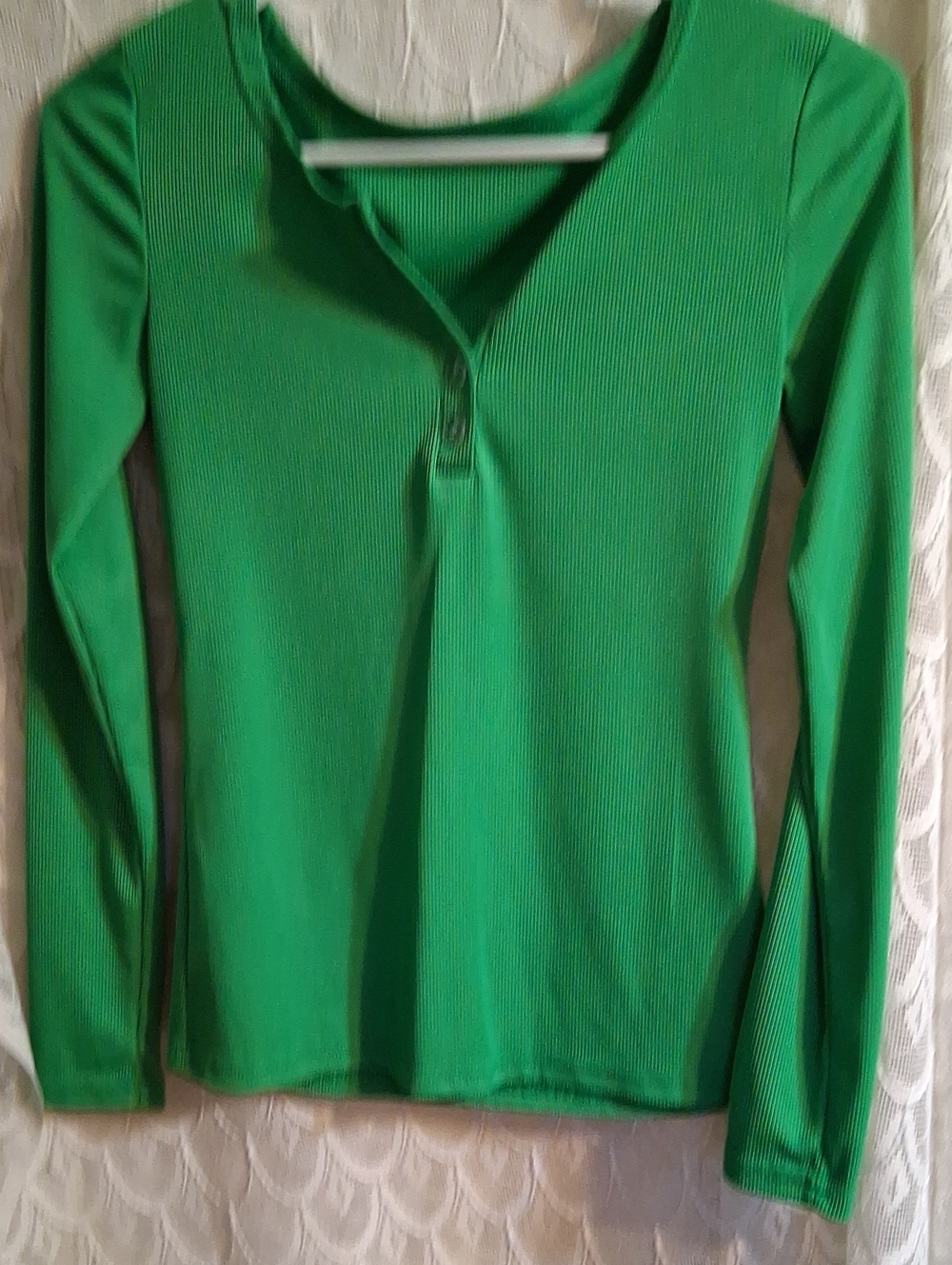 Green Ribbed Long-Sleeve Henley Top